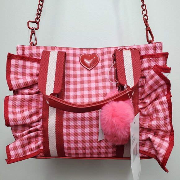 Betsey Johnson Heart LB Ruffle Pink Red Gingham Handbag Crossbody Tote Cottage - Picture 16 of 16